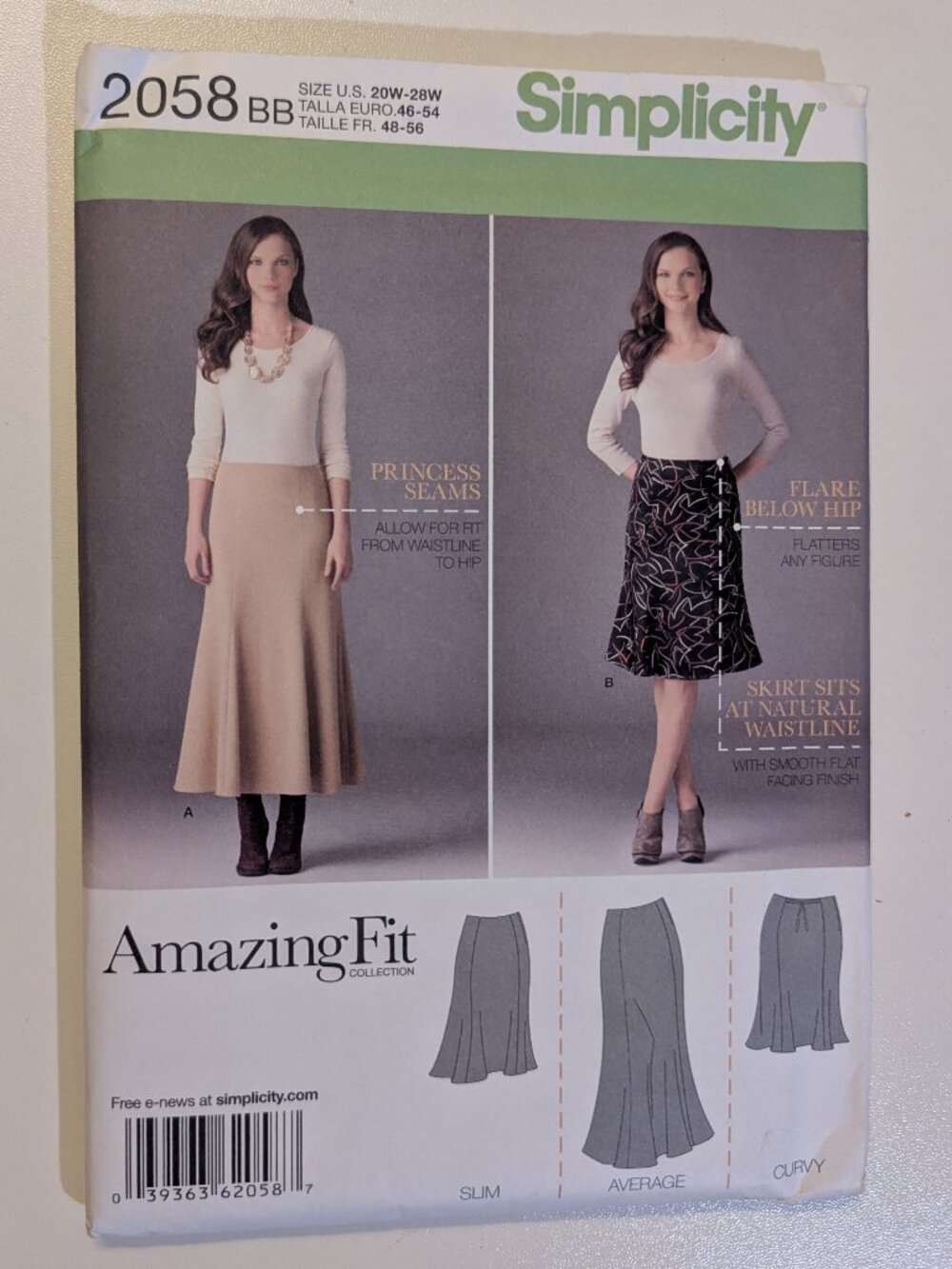 Simplicity Amazing Fit Collection Women's Skirt Sewing Pattern 2058 Size 20W-28W